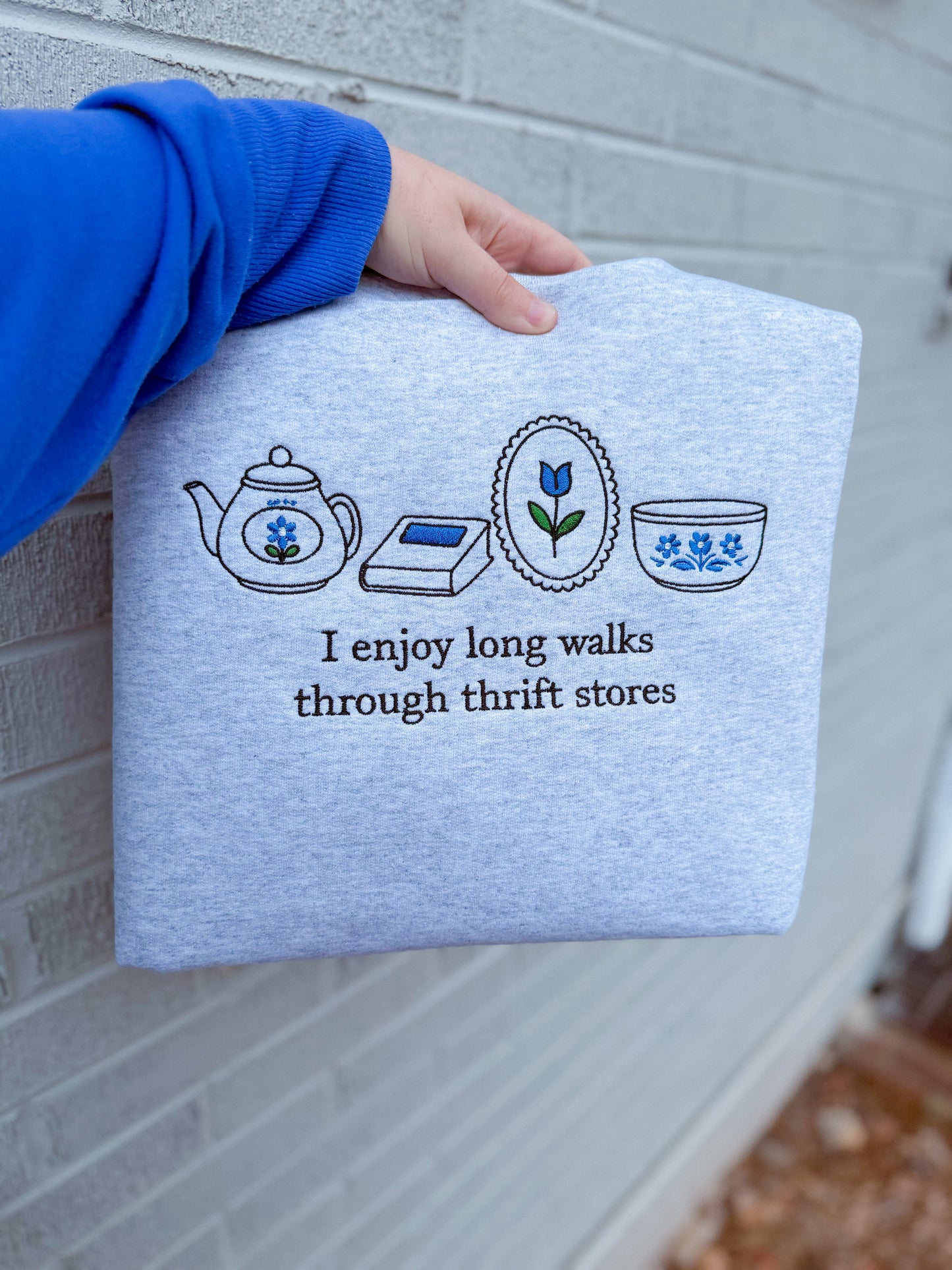 I enjoy long walks through thrift stores embroidered