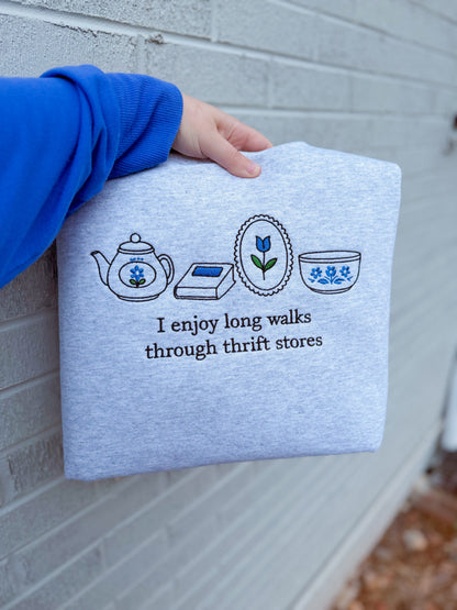 I enjoy long walks through thrift stores embroidered