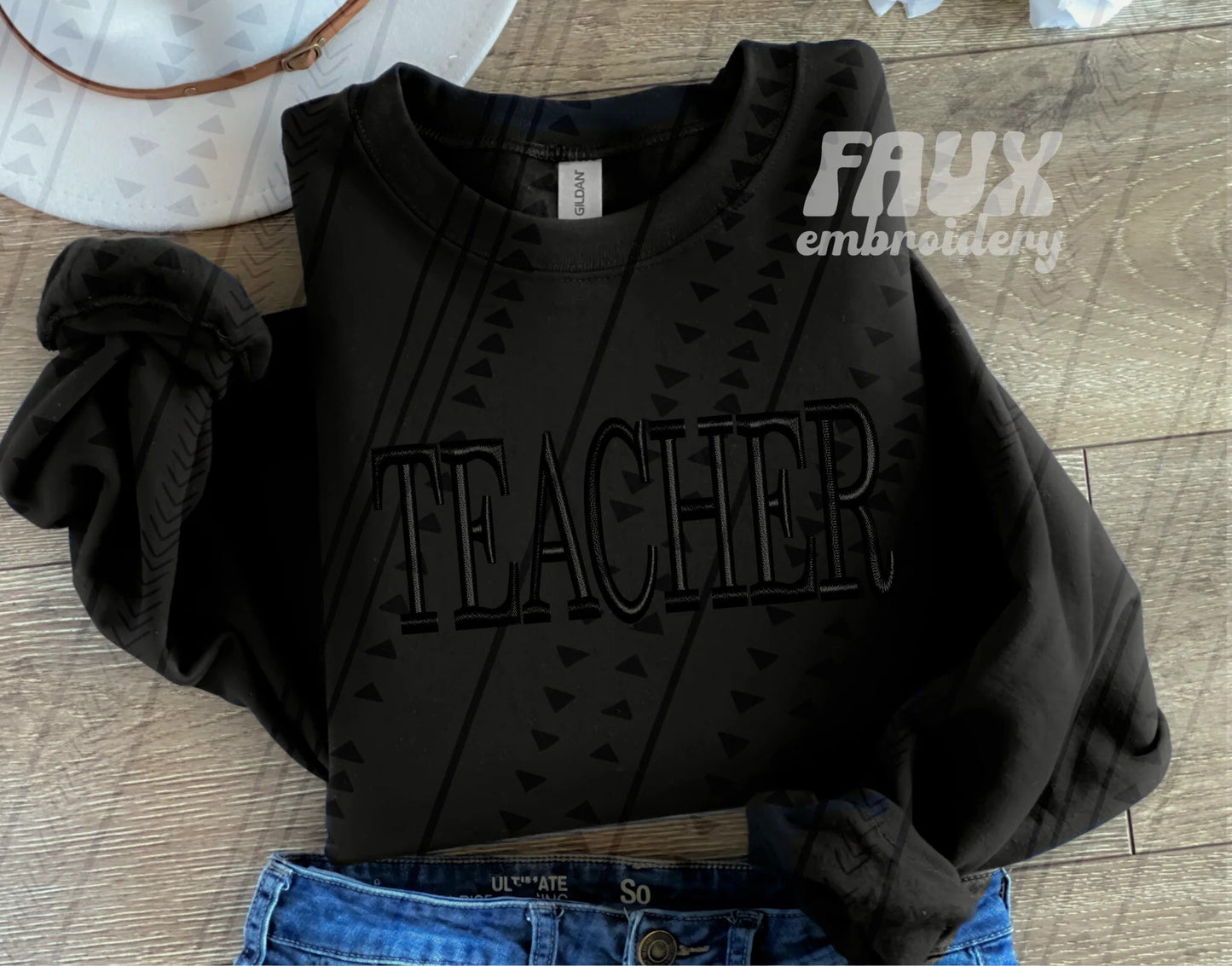 Teacher -  Black Faux Embroidery